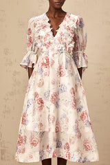 Vera Floral Midi Dress with Plunging Vneck & 3D Petal Detailing
