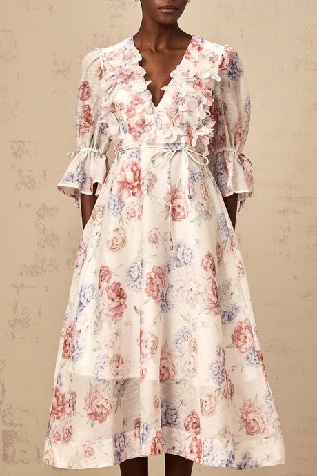 Vera Floral Midi Dress with Plunging Vneck & 3D Petal Detailing