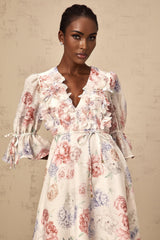 Vera Floral Midi Dress with Plunging Vneck & 3D Petal Detailing