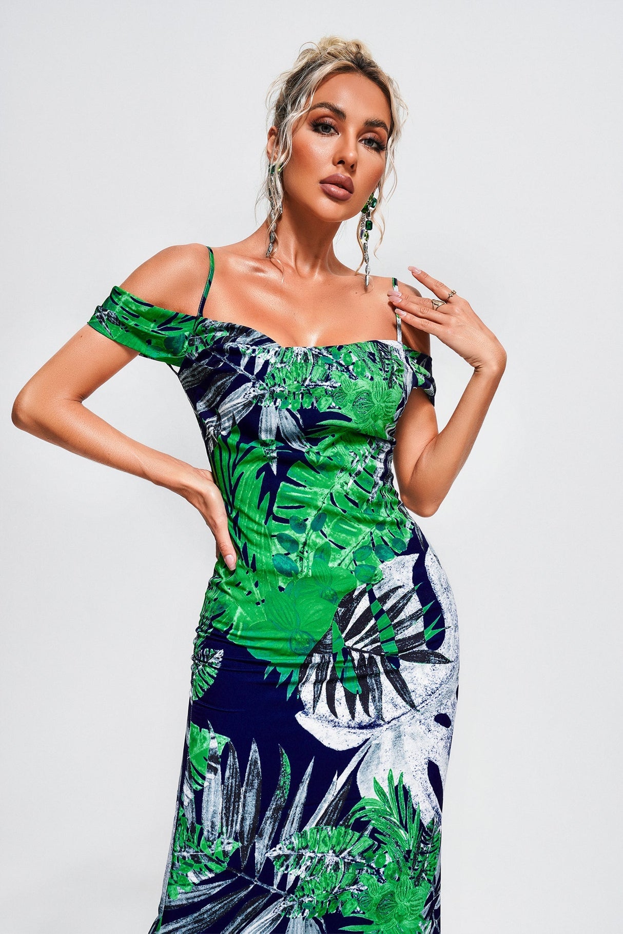 Vera Green Foliage Maxi Dress Off-the-Shoulder Neckline Fitted Silhouette Breathable Fabric Garden Party Casual Day Out Sandals Accessories