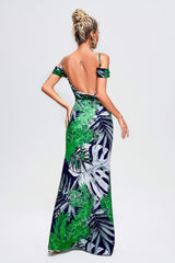 Vera Green Foliage Maxi Dress Off-Shoulder Neckline Fitted Silhouette Breathable Fabric Garden Party Casual Day Out