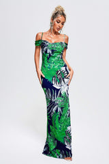Vera Green Foliage Off-Shoulder Maxi Dress