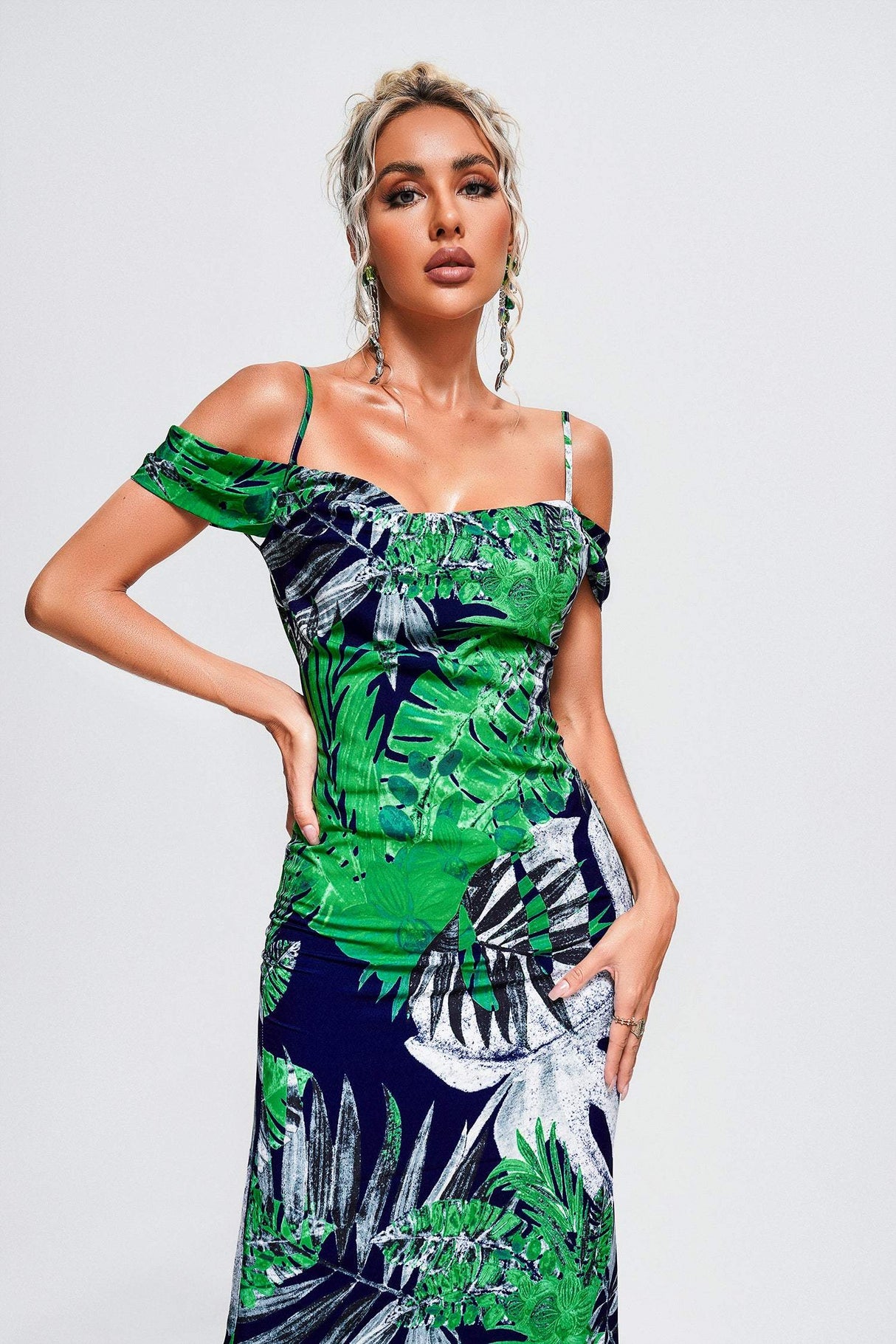 Vera Green Foliage Off-Shoulder Maxi Dress