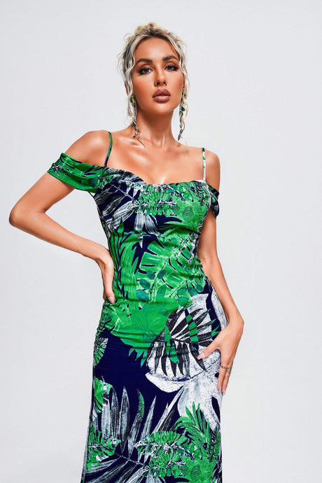 Vera Green Foliage Off-Shoulder Maxi Dress