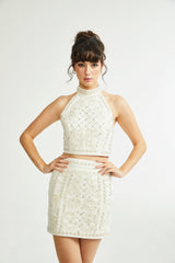 Vera Halterneck Skirt & Top Set Crystal Faux - Pearl Embellishment
