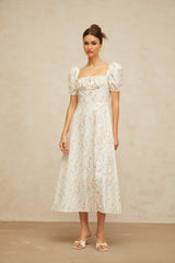 Vera Midi Dress White Floral Flared & Side Slit