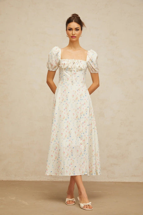 Vera Midi Dress White Floral Flared & Side Slit