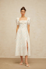 Vera Midi Dress White Floral Flared & Side Slit