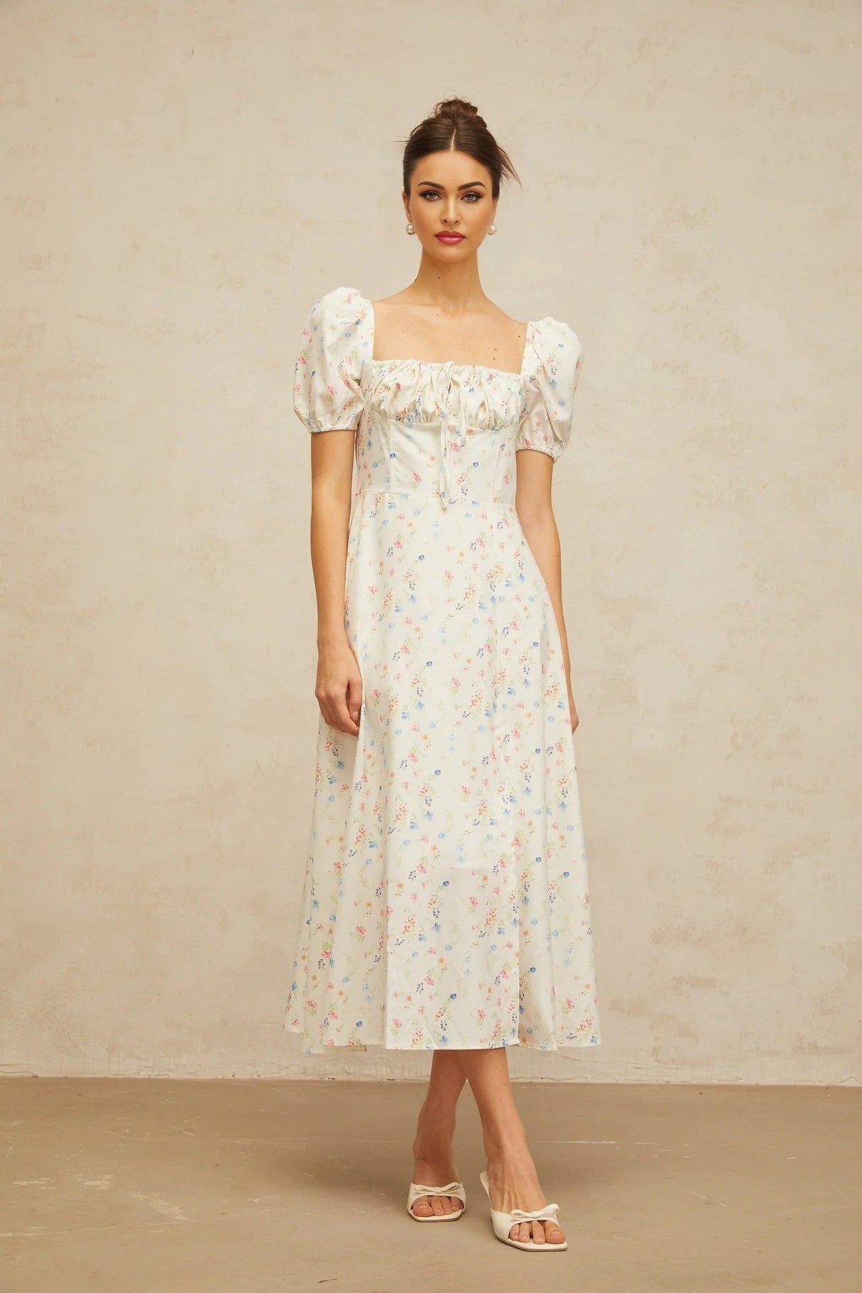 Vera Midi Dress White Floral Flared & Side Slit