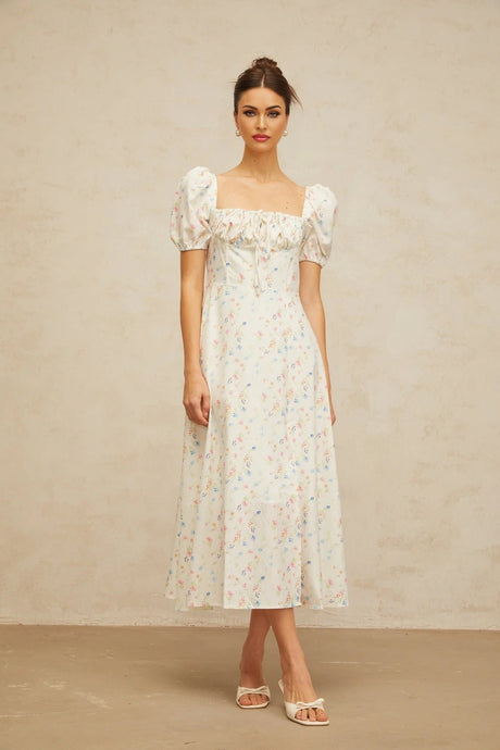 Vera Midi Dress White Floral Flared & Side Slit