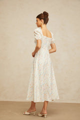 Vera Midi Dress White Floral Flared & Side Slit