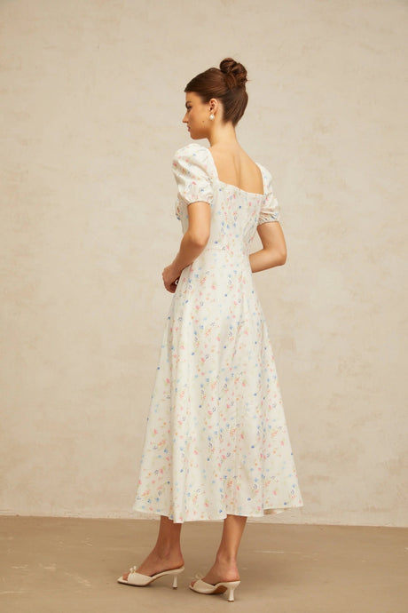 Vera Midi Dress White Floral Flared & Side Slit
