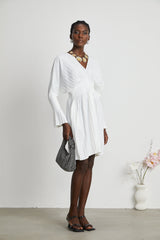 Vera Mini Dress White V Neck Flare Cuffed Pleated Chic