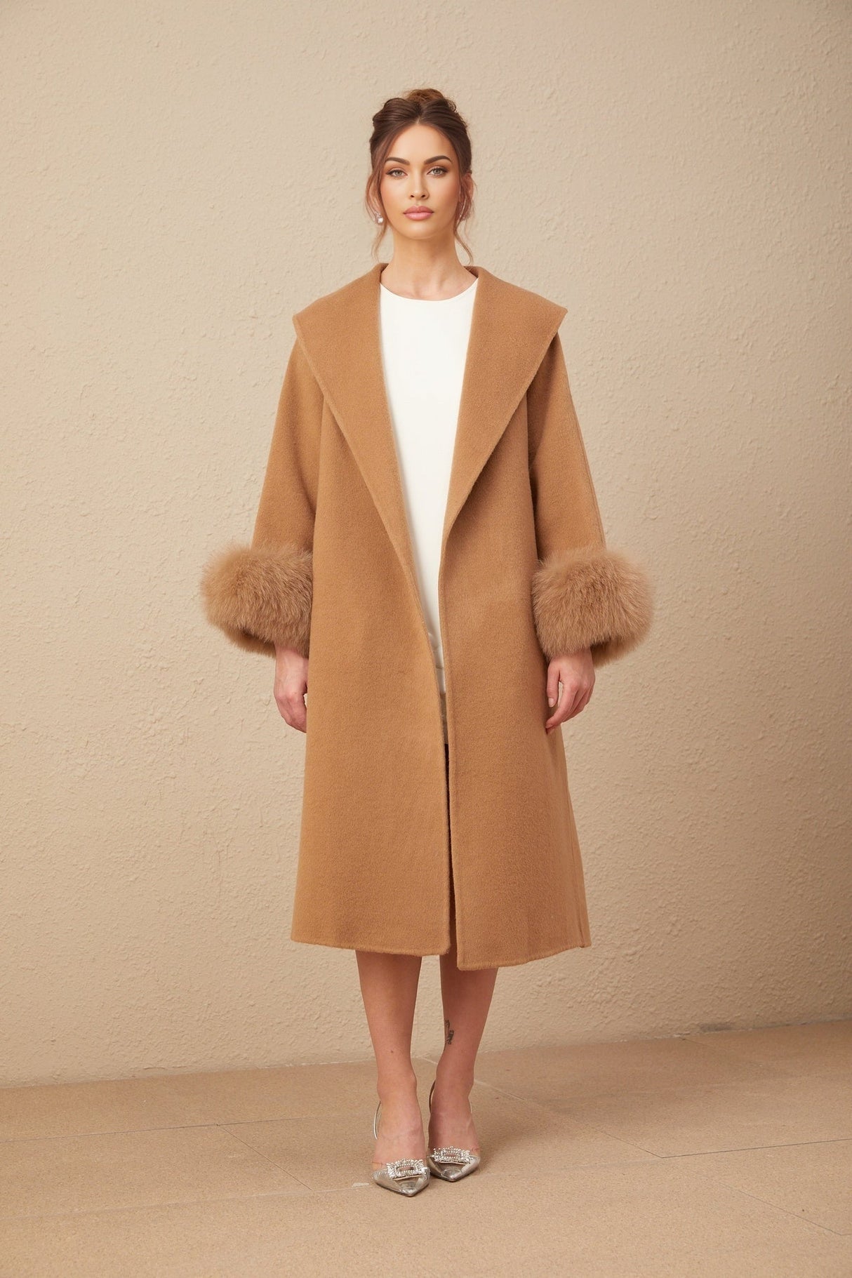 Vera Overcoat Brown Felted Wool Fox Fur Wide Lapels Wrap Silhouette