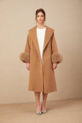 Vera Overcoat Brown Felted Wool Fox Fur Wide Lapels Wrap Silhouette