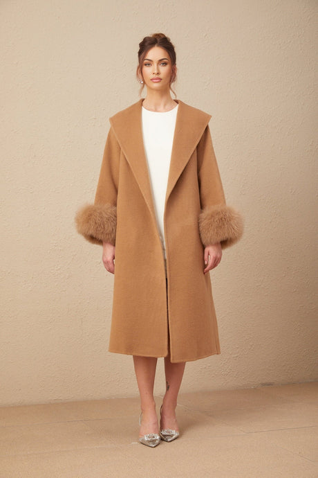 Vera Overcoat Brown Felted Wool Fox Fur Wide Lapels Wrap Silhouette
