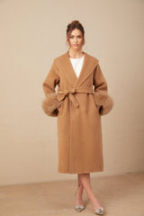 Vera Overcoat Brown Felted Wool Fox Fur Wide Lapels Wrap Silhouette