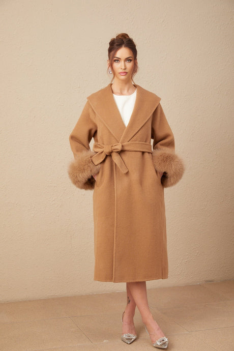 Vera Overcoat Brown Felted Wool Fox Fur Wide Lapels Wrap Silhouette