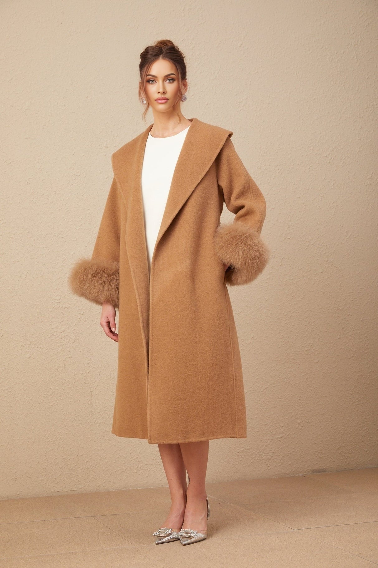 Vera Overcoat Brown Felted Wool Fox Fur Wide Lapels Wrap Silhouette