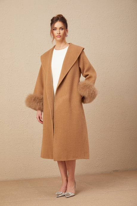 Vera Overcoat Brown Felted Wool Fox Fur Wide Lapels Wrap Silhouette