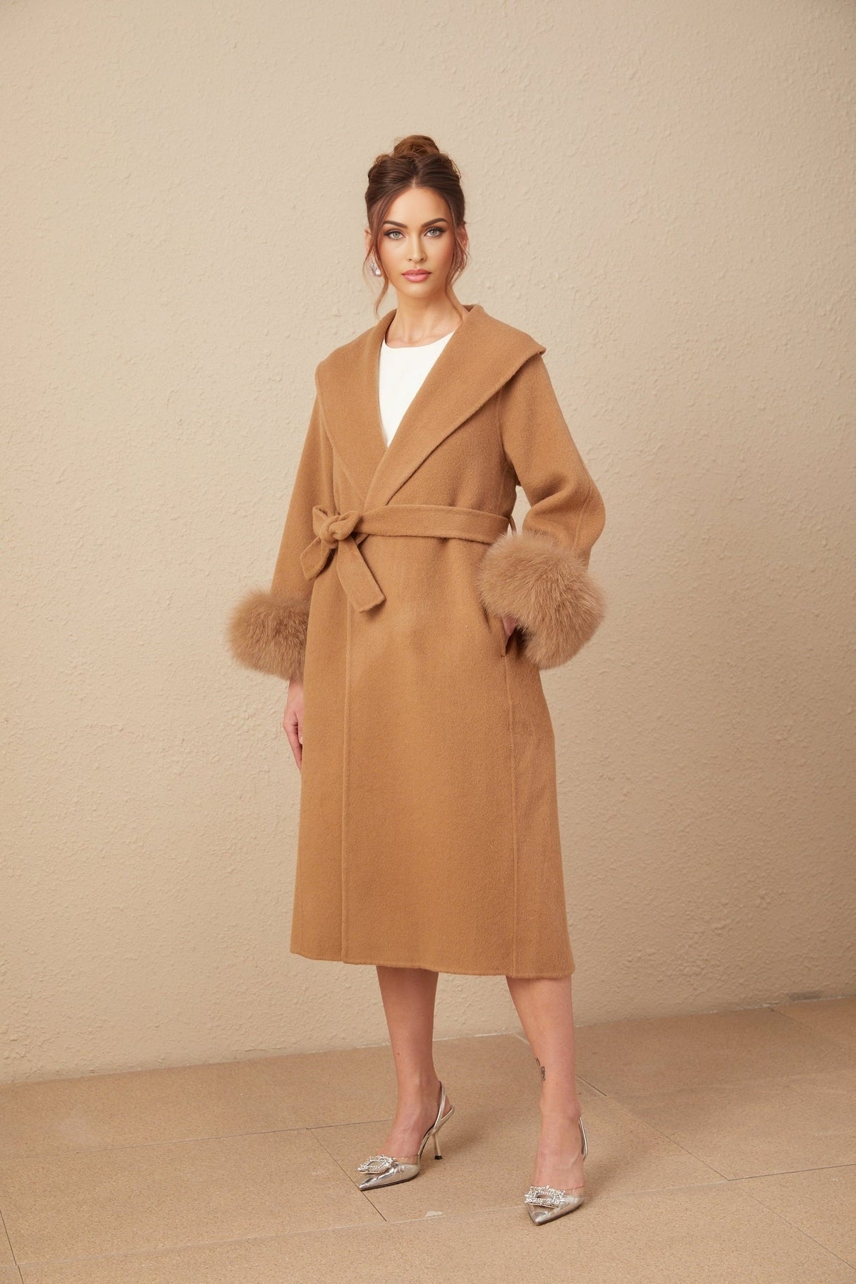 Vera Overcoat Brown Felted Wool Fox Fur Wide Lapels Wrap Silhouette