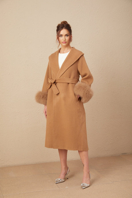 Vera Overcoat Brown Felted Wool Fox Fur Wide Lapels Wrap Silhouette