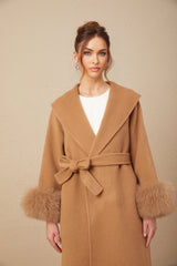 Vera Overcoat Brown Felted Wool Fox Fur Wide Lapels Wrap Silhouette