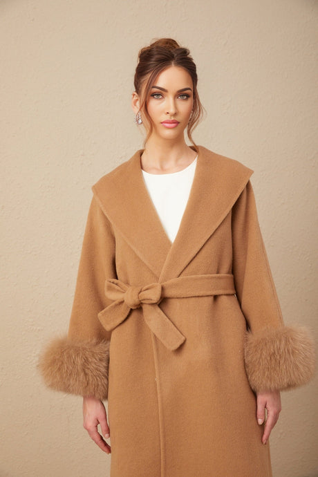 Vera Overcoat Brown Felted Wool Fox Fur Wide Lapels Wrap Silhouette