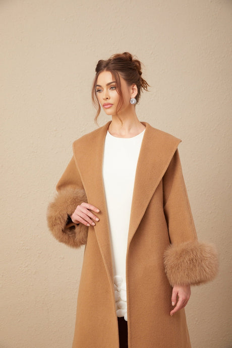 Vera Overcoat Brown Felted Wool Fox Fur Wide Lapels Wrap Silhouette