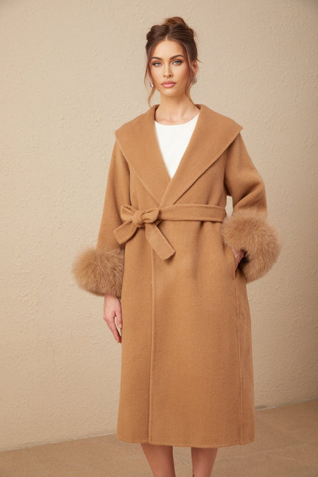 Vera Overcoat Brown Felted Wool Fox Fur Wide Lapels Wrap Silhouette