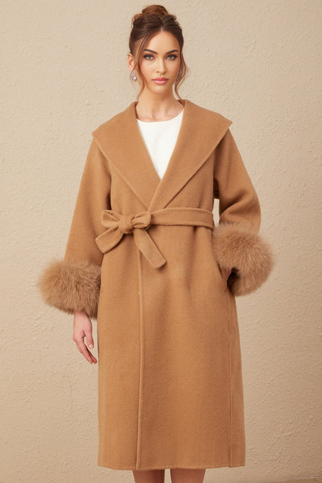 Vera Overcoat Brown Felted Wool Fox Fur Wide Lapels Wrap Silhouette