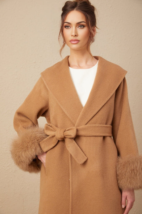 Vera Overcoat Brown Felted Wool Fox Fur Wide Lapels Wrap Silhouette