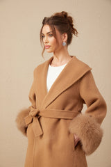 Vera Overcoat Brown Felted Wool Fox Fur Wide Lapels Wrap Silhouette
