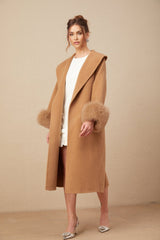 Vera Overcoat Brown Felted Wool Fox Fur Wide Lapels Wrap Silhouette