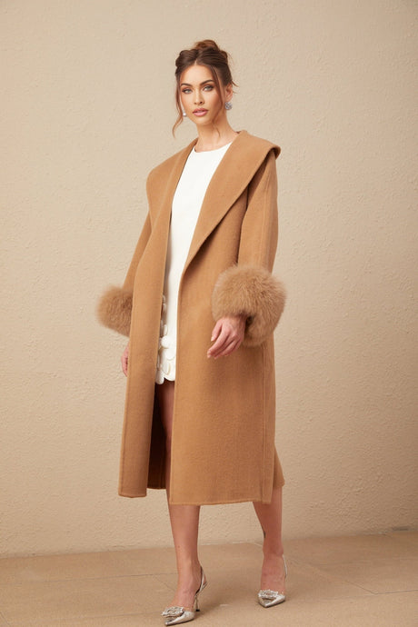 Vera Overcoat Brown Felted Wool Fox Fur Wide Lapels Wrap Silhouette