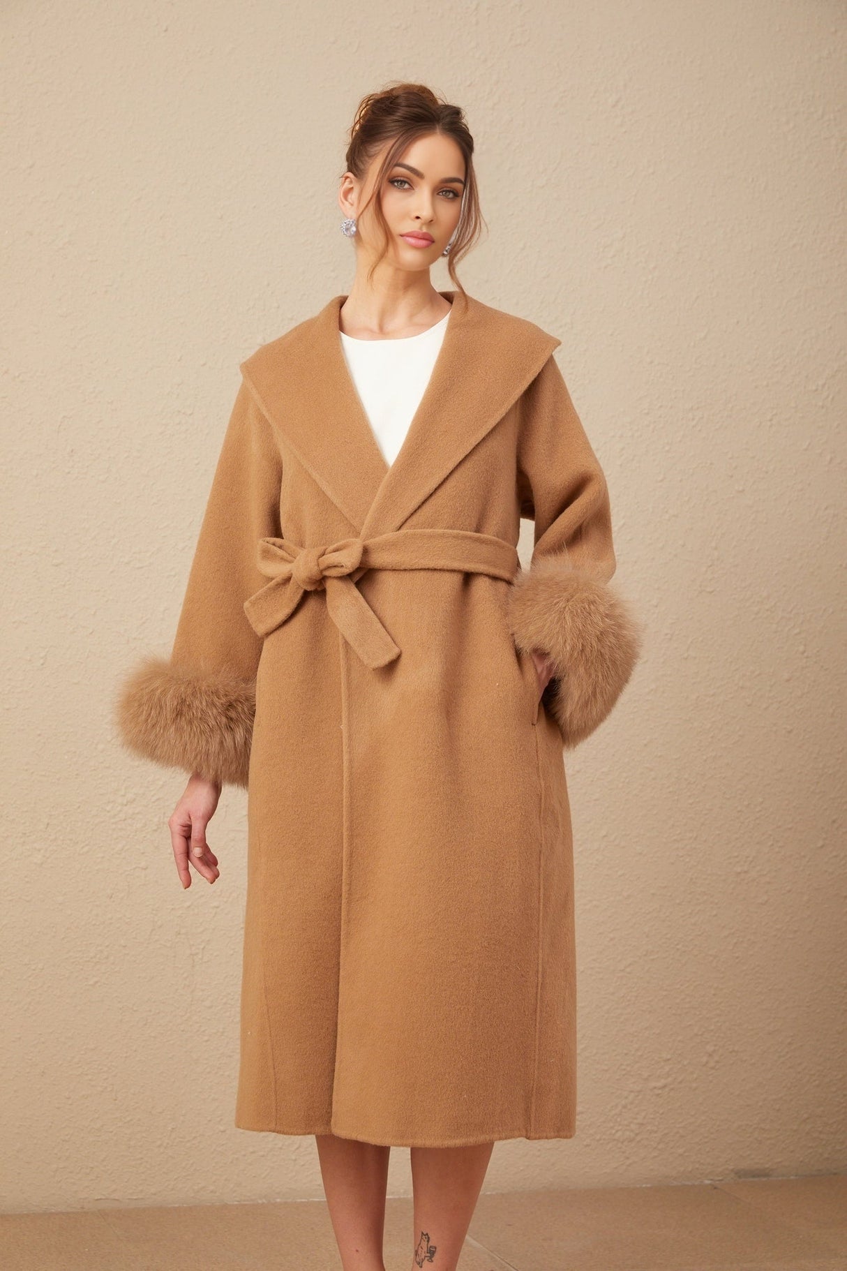 Vera Overcoat Brown Felted Wool Fox Fur Wide Lapels Wrap Silhouette
