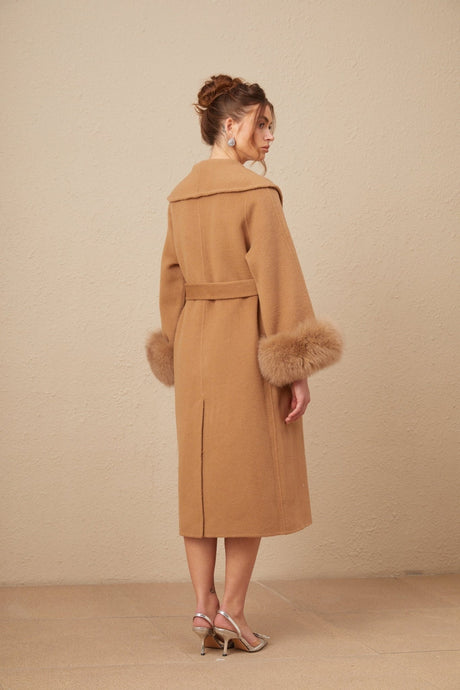 Vera Overcoat Brown Felted Wool Fox Fur Wide Lapels Wrap Silhouette