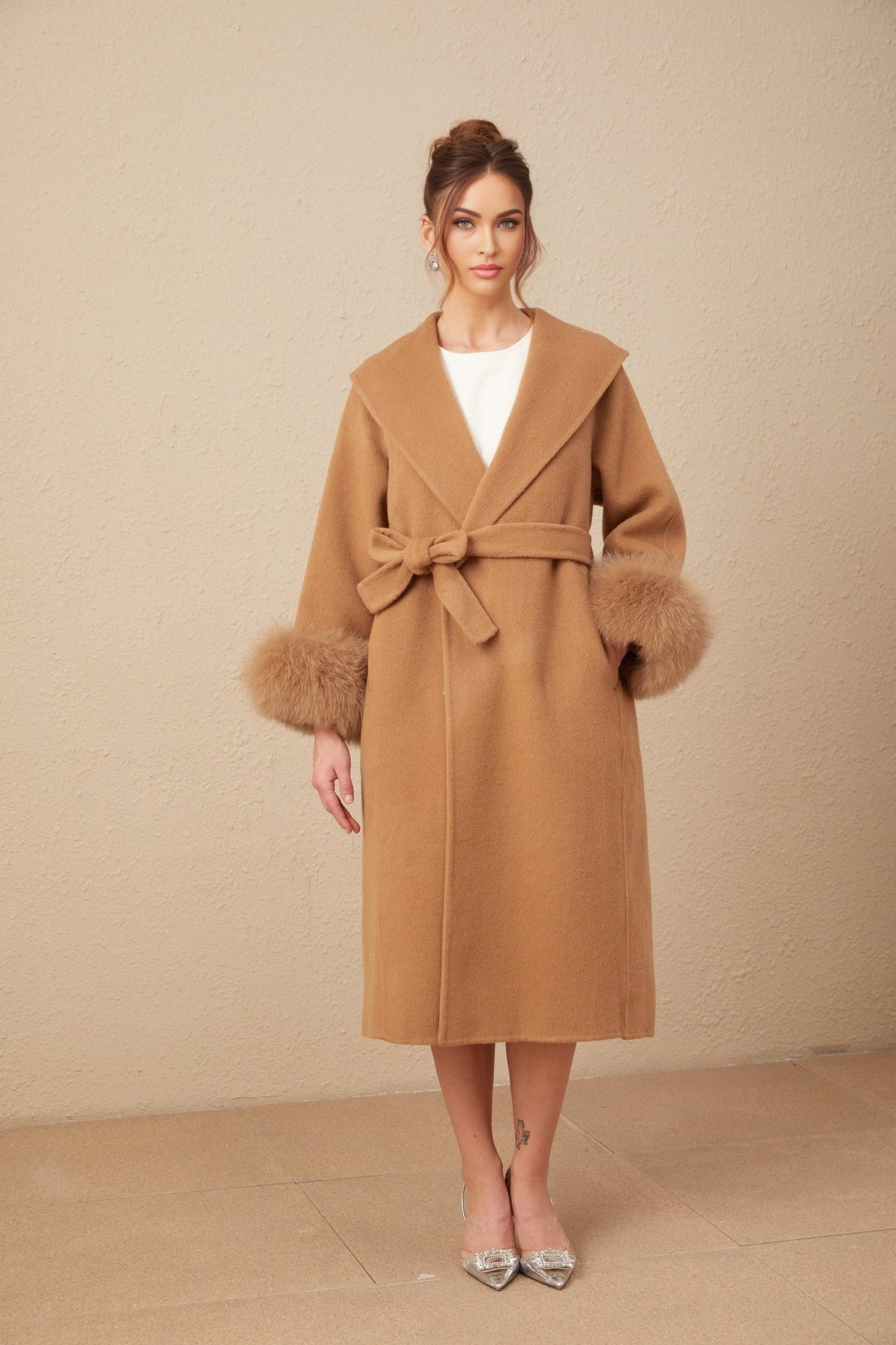 Vera Overcoat Brown Felted Wool Fox Fur Wide Lapels Wrap Silhouette