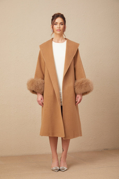 Vera Overcoat Brown Felted Wool Fox Fur Wide Lapels Wrap Silhouette