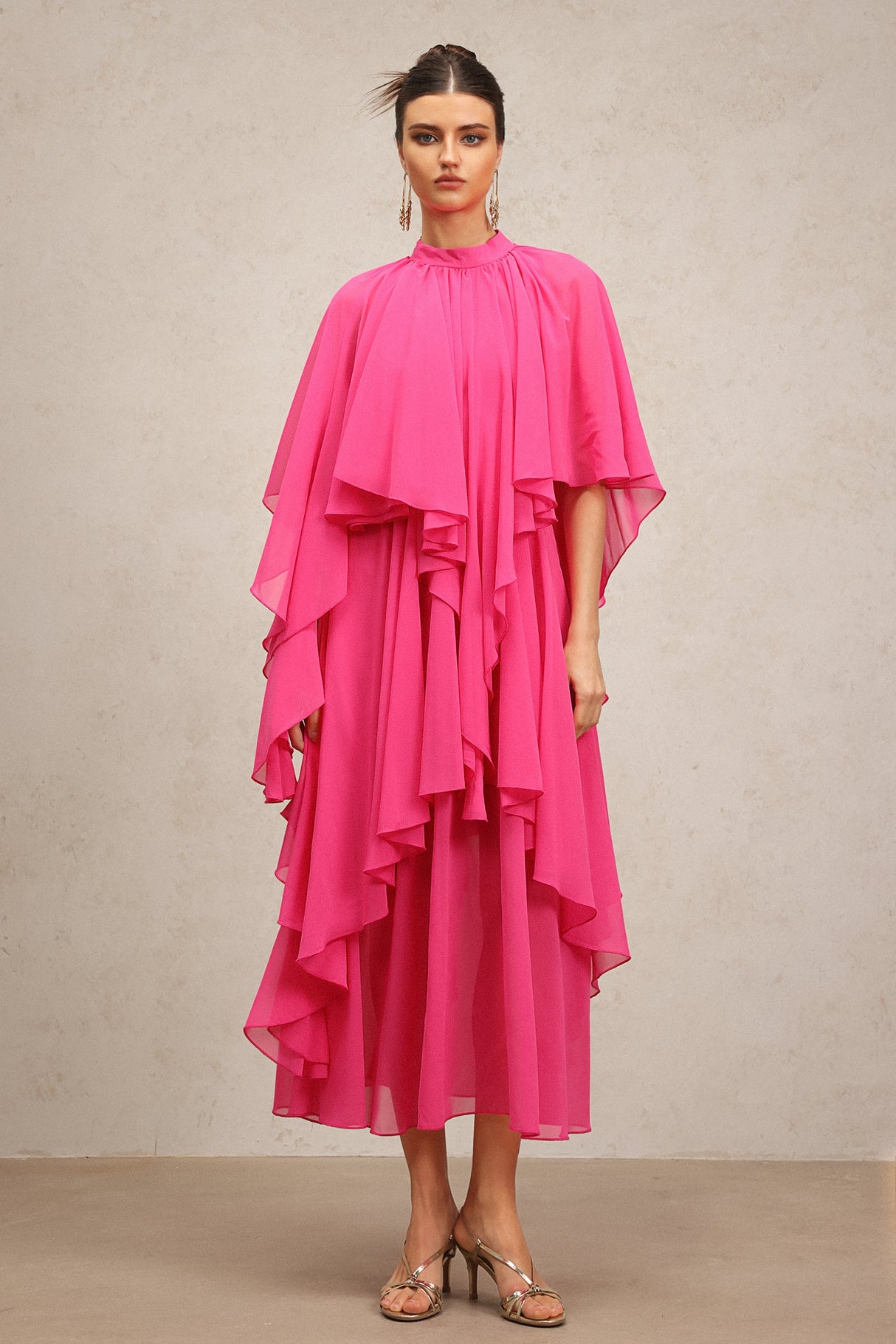 Vera Pink Asymmetrical Silhouette Flowy Fabric Elbow Sleeves Ruffled Detailing High Neckline Dress