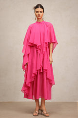 Vera Pink Asymmetrical Silhouette Flowy Fabric Elbow Sleeves Ruffled Detailing High Neckline Dress