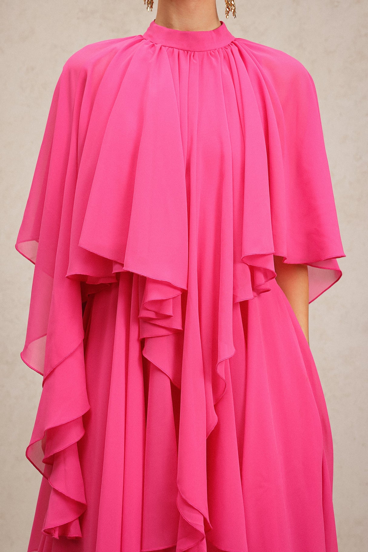 Vera Pink Asymmetrical Silhouette Flowy Fabric Elbow Sleeves Ruffled Detailing High Neckline Dress