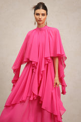 Vera Pink Asymmetrical Silhouette Flowy Fabric Elbow Sleeves Ruffled Detailing High Neckline Dress