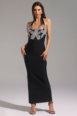 Veronica Black Halter Maxi Dress with Flower Detailing