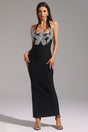 Veronica Black Halter Maxi Dress with Flower Detailing
