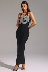 Veronica Black Halter Maxi Dress with Flower Detailing