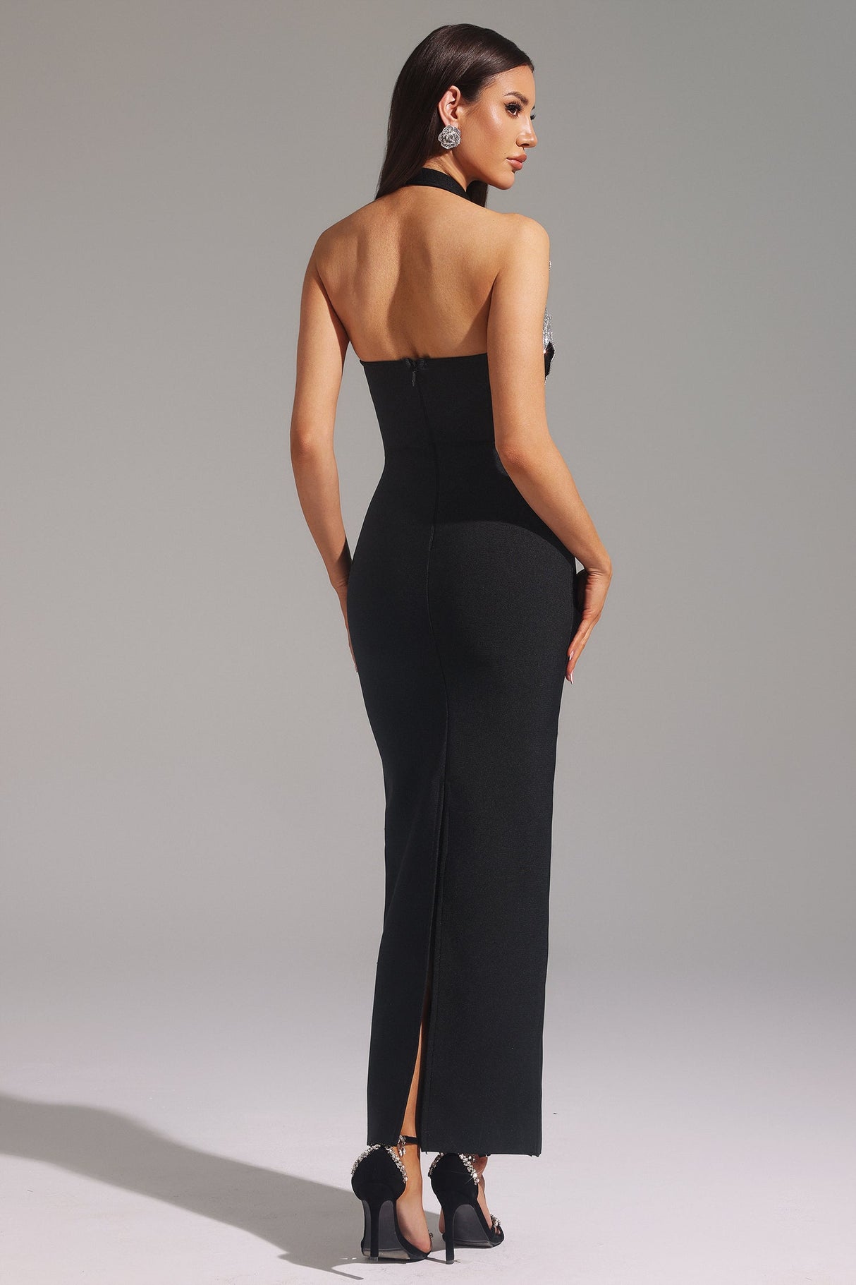 Veronica Black Maxi Dress Halter Design Flower Detailing Special Occasions Cocktail Party Summer Wedding