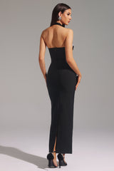 Veronica Black Maxi Dress Halter Design Flower Detailing Special Occasions Cocktail Party Summer Wedding