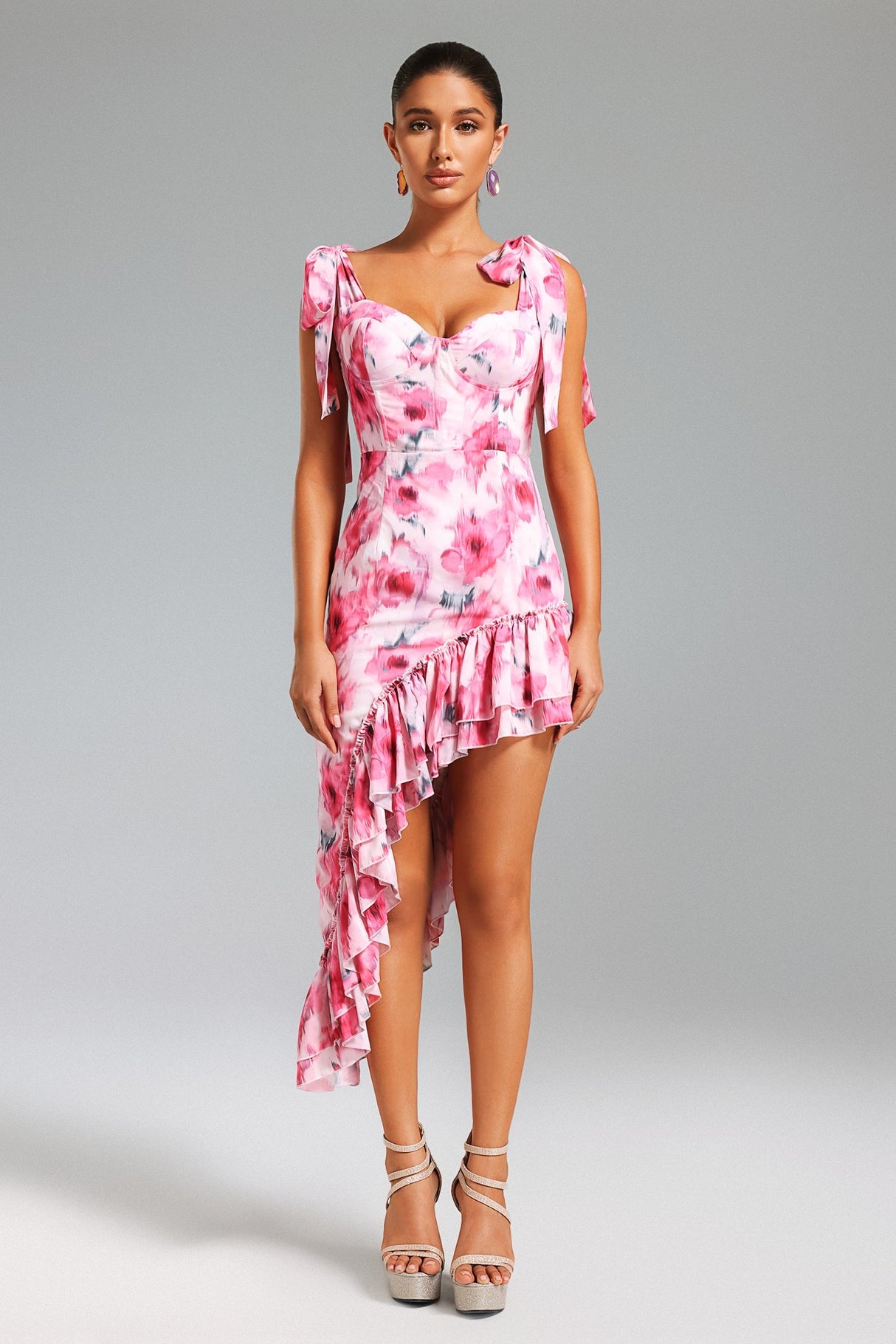 Veronica Pink Floral Asymmetrical Hemline Dress