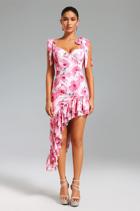 Veronica Pink Floral Asymmetrical Hemline Dress